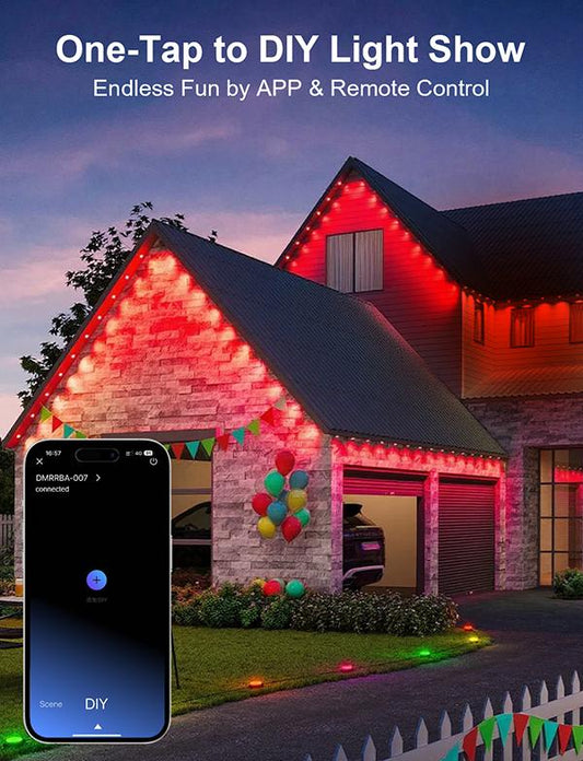 100-400ft Smart RGB Outdoor Light Strip, IP67 Waterproof, APP Control, for Holidays & Daily Use