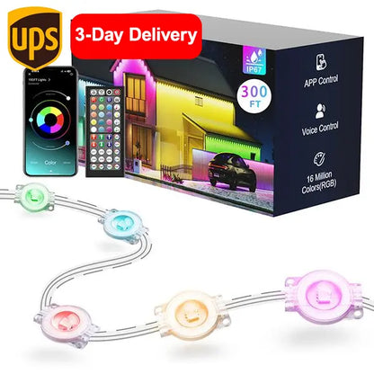 100-400ft Smart RGB Outdoor Light Strip, IP67 Waterproof, APP Control, for Holidays & Daily Use