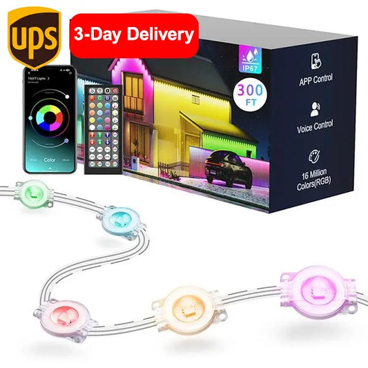 100-400ft Smart RGB Outdoor Light Strip, IP67 Waterproof, APP Control, for Holidays & Daily Use