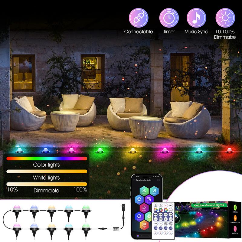 RGB+IC Smart Outdoor Path Lights, 50–150ft, IP67 Waterproof, APP & Remote, Music Sync, Alexa Compatible