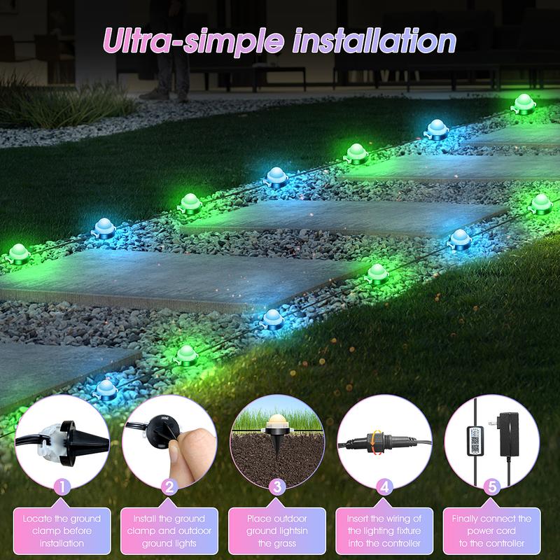 RGB+IC Smart Outdoor Path Lights, 50–150ft, IP67 Waterproof, APP & Remote, Music Sync, Alexa Compatible